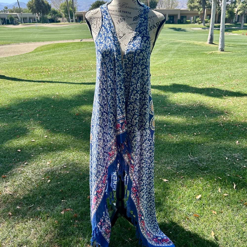 Boho Mandala Open Long Vest Blue Paisley  lFestival Kimono Coachella Desert Vibe